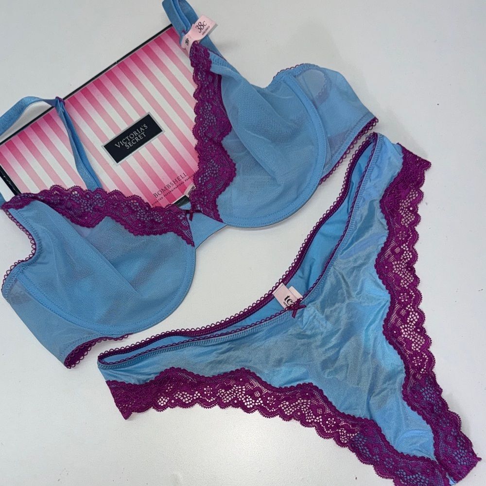 Victoria's Secret Blue and Purple Lace Bra Set 38C & L thong NWT